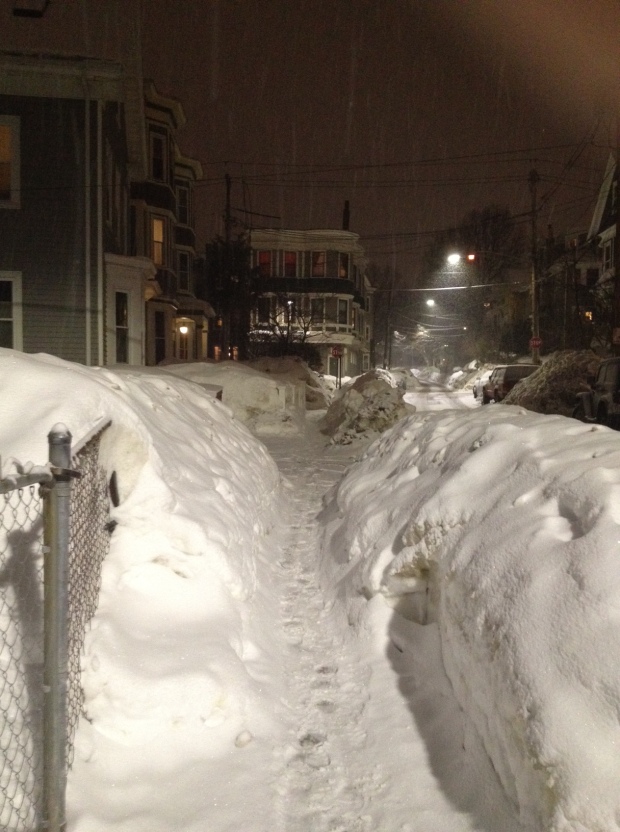 If you're wondering what the sidewalks look like in many residential areas of Boston, here's one from my 'hood, taken last night walking home from the subway.