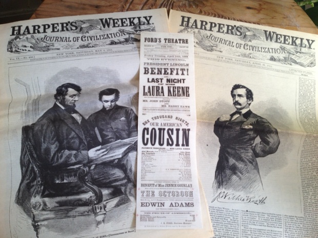 Reprints of Harper's Weekly following the assassination and the playbill from the fatal night
