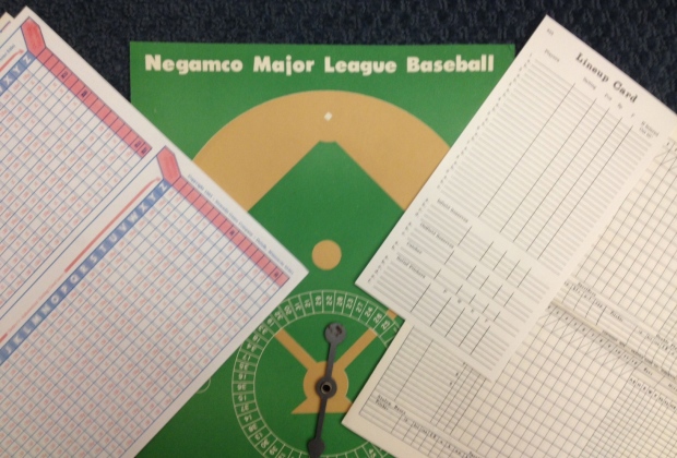 Negamco baseball charts, spinner, lineup card, and scoresheet